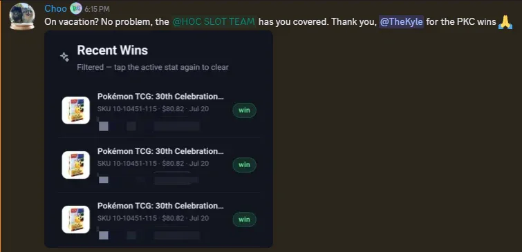 Discord member post crediting the House of Carts Slot Team for several Pokémon wins while the member was away