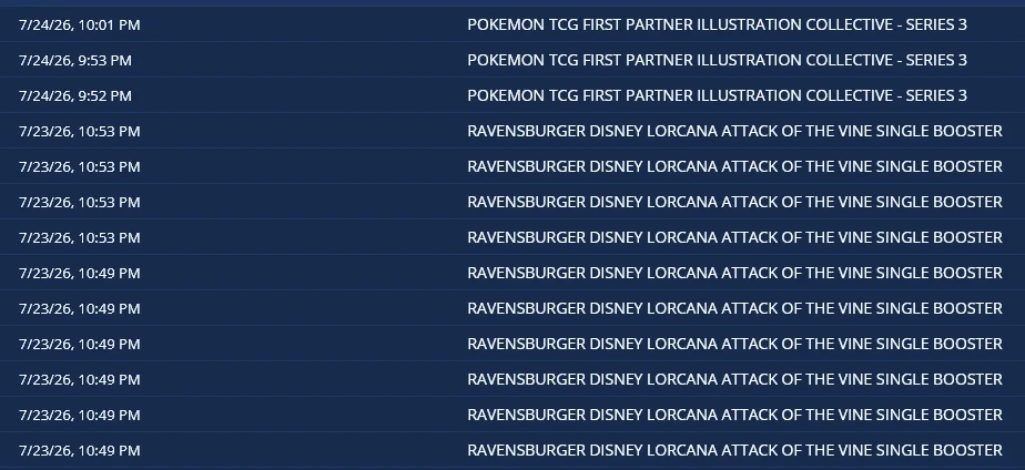 Checkout activity log with repeated Pokémon First Partner and Disney Lorcana product entries across July 23 and July 24