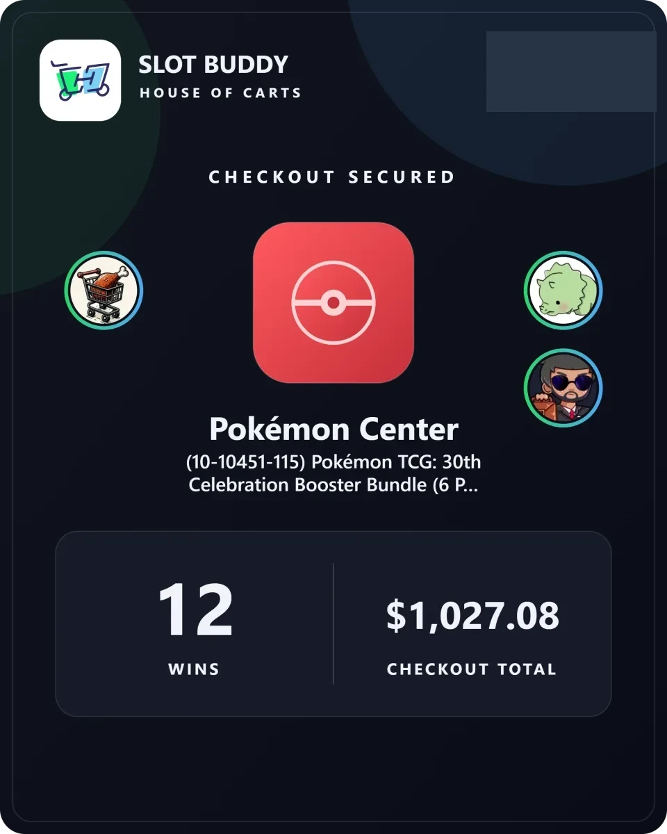 House of Carts Slot Buddy result showing 12 Pokémon Center 30th Celebration Booster Bundle wins and a $1,027.08 checkout total