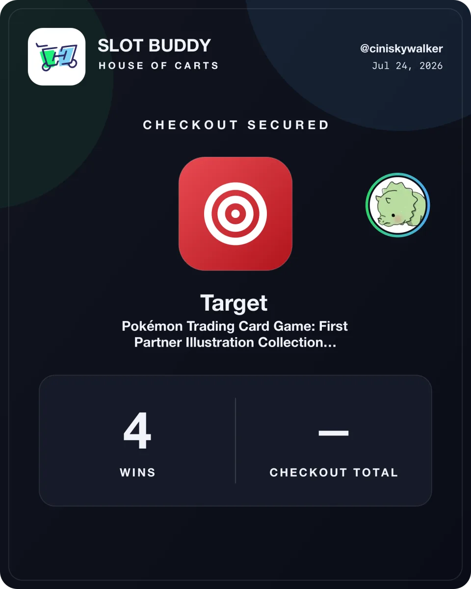House of Carts Slot Buddy result showing four Target First Partner Illustration Collection wins on July 24, 2026