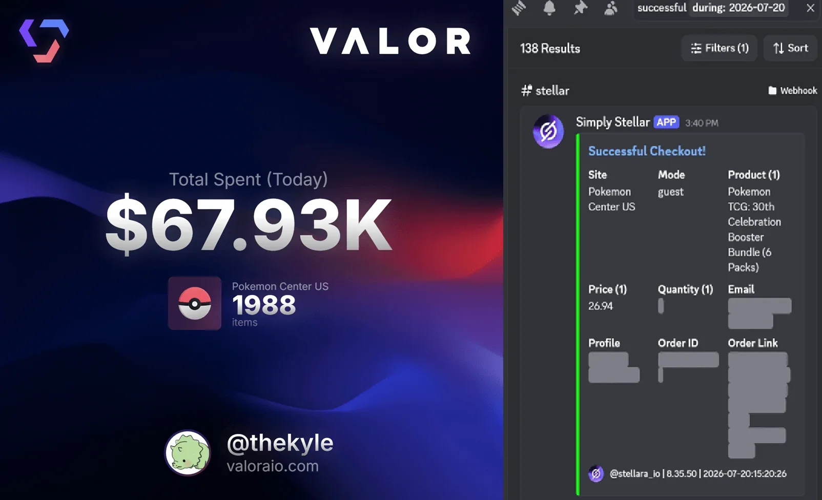 Valor automation panel displaying 1,988 Pokémon Center items and $67.93K in daily checkout spend beside a redacted successful checkout record